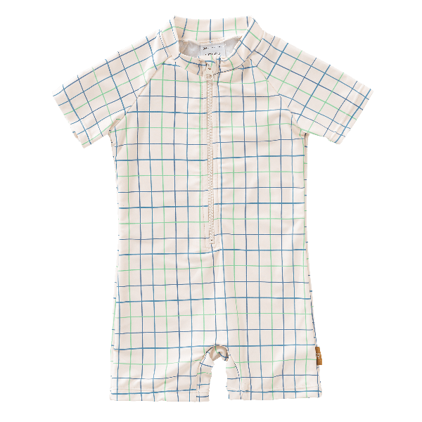 Cream with blue & green stripes Fresk swimsuit for boys made from eco-friendly recycled nylon with UPF 50+ protection keeping your little one safe, comfy, and stylish for beach or pool fun.