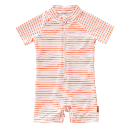 Striped cream & peach Fresk swimsuit for girls made from eco-friendly recycled nylon with UV protection 50 keeping your little one safe, comfy, and stylish for beach or pool fun.