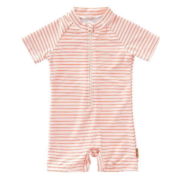 Striped cream & peach Fresk swimsuit for girls made from eco-friendly recycled nylon with UV protection 50 keeping your little one safe, comfy, and stylish for beach or pool fun.