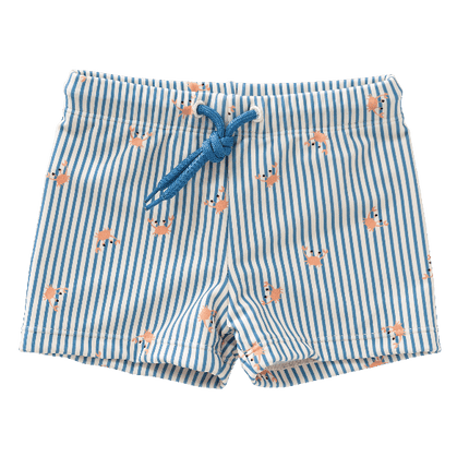 Blue and cream - Crab print Fresk swim short for boys made from eco-friendly recycled nylon, with UPF 50 protection and an adjustable drawstring—perfect for safe, comfy, and stylish beach fun.