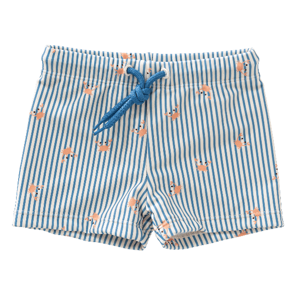 Blue and cream - Crab print Fresk swim short for boys made from eco-friendly recycled nylon, with UPF 50 protection and an adjustable drawstring—perfect for safe, comfy, and stylish beach fun.