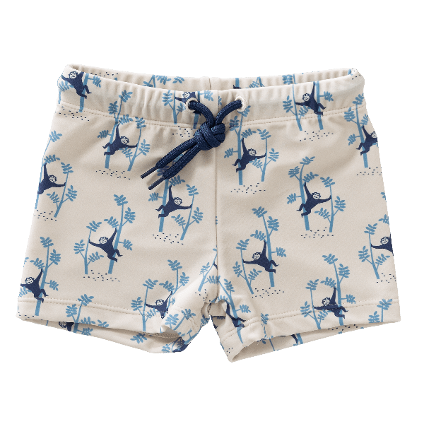 Cream Fresk swimpants for boys made from eco-friendly recycled nylon, with an elastic waistband, adjustable drawstring, and UV protection 50