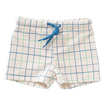 Cream with blue & green stripes swim shorts for boys made from eco-friendly recycled nylon, with UPF 50 protection and an adjustable drawstring—perfect for safe, comfy, and stylish beach fun.