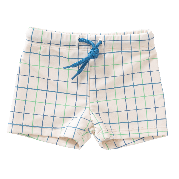 Cream with blue & green stripes swim shorts for boys made from eco-friendly recycled nylon, with UPF 50 protection and an adjustable drawstring—perfect for safe, comfy, and stylish beach fun.