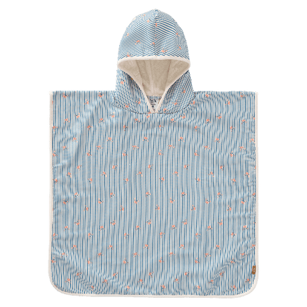 Striped blue & cream with crab prints swim poncho for boys with UV Protection 50, a soft microfiber exterior, and quick-dry, sand-repellent fabric—keeping your little one safe and cozy at the beach or pool.