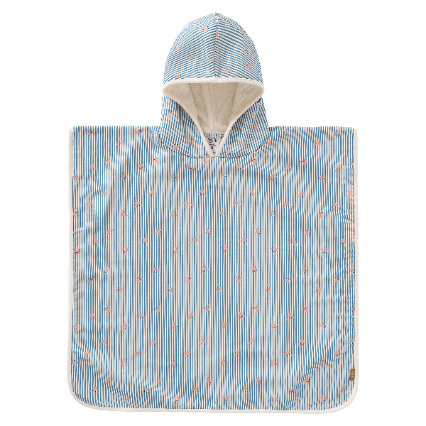 Striped blue & cream with crab prints swim poncho for boys with UV Protection 50, a soft microfiber exterior, and quick-dry, sand-repellent fabric—keeping your little one safe and cozy at the beach or pool.