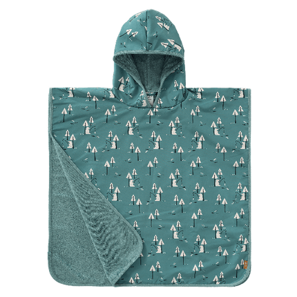 Teal-Bear print Fresk UV Swim Poncho for boys with UV Protection 50, a soft microfiber exterior, and quick-dry, sand-repellent fabric—keeping your little one safe and cozy at the beach or pool.
