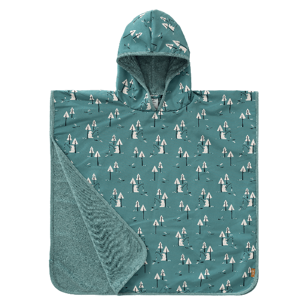 Teal-Bear print Fresk UV Swim Poncho for boys with UV Protection 50, a soft microfiber exterior, and quick-dry, sand-repellent fabric—keeping your little one safe and cozy at the beach or pool.
