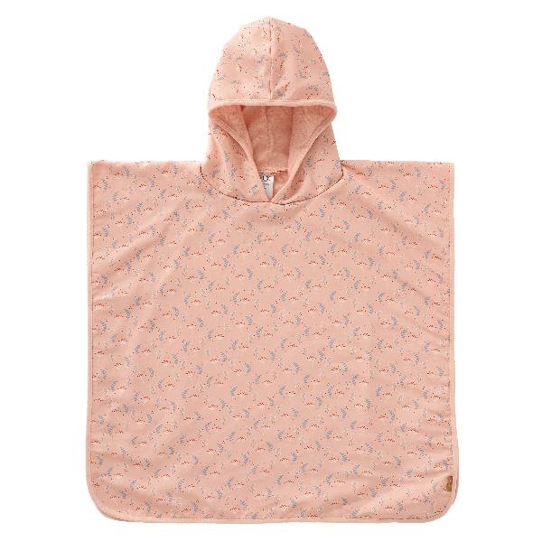 Peach mimosa-print Swim UV Poncho for girls with UV Protection 50, a soft microfiber exterior, and quick-dry, sand-repellent fabric—keeping your little one safe and cozy at the beach or pool.
