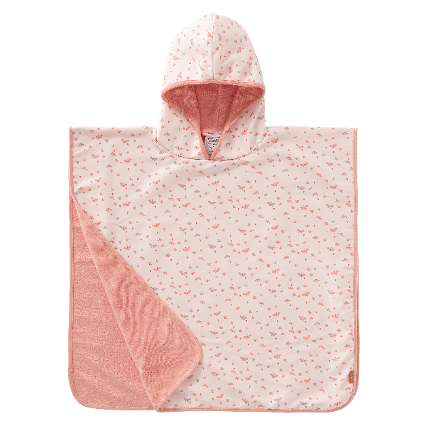 Peach mimosa-print Swim UV Poncho for girls (0–3 yrs) with UPF 50+ double-layer protection, a soft microfiber exterior, and quick-dry, sand-repellent fabric—keeping your little one safe and cozy at the beach or pool.