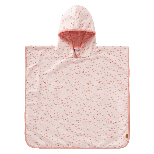 Peach with butterfly prints Swim UV Poncho for girls with UV Protection 50, a soft microfiber exterior, and quick-dry, sand-repellent fabric—keeping your little one safe and cozy at the beach or pool.