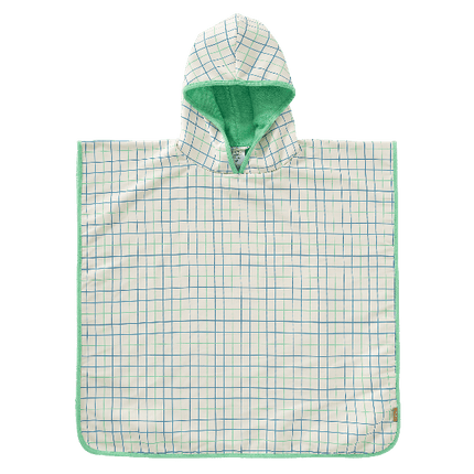 Cream with blue & green stripes Swim UV Poncho for boys with UV Protection 50, a soft microfiber exterior, and quick-dry, sand-repellent fabric—keeping your little one safe and cozy at the beach or pool.
