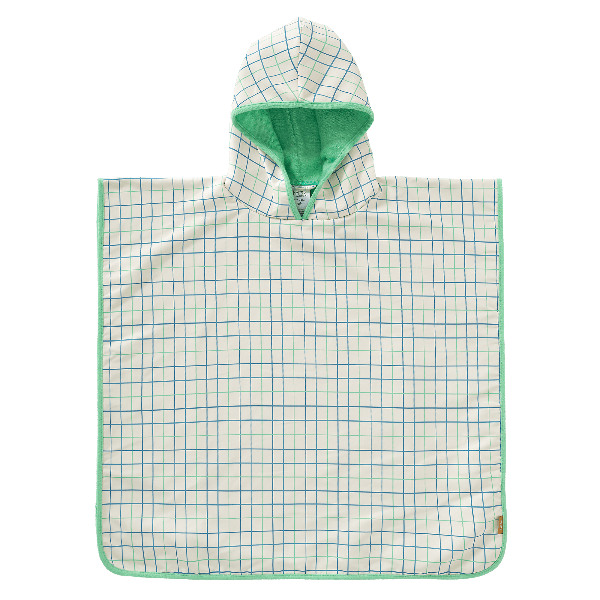 Cream with blue & green stripes Swim UV Poncho for boys with UV Protection 50, a soft microfiber exterior, and quick-dry, sand-repellent fabric—keeping your little one safe and cozy at the beach or pool.
