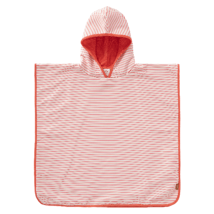 Striped cream & peach swim UV Poncho for girls with UV Protection 50, a soft microfiber exterior, and quick-dry, sand-repellent fabric—keeping your little one safe and cozy at the beach or pool.