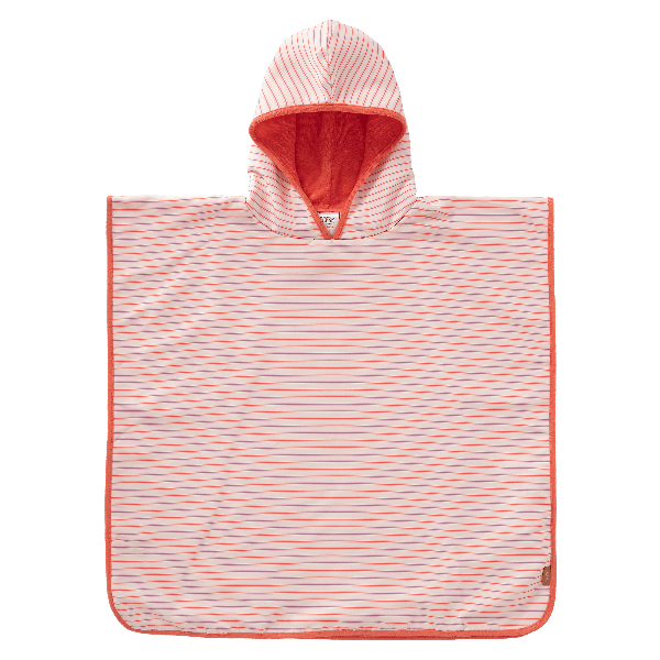 Striped cream & peach swim UV Poncho for girls with UV Protection 50, a soft microfiber exterior, and quick-dry, sand-repellent fabric—keeping your little one safe and cozy at the beach or pool.