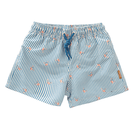 Striped blue & cream - Crab print UV swim shorts for boys from Fresk. Made of eco-friendly recycled nylon, feature UPF 50 sun protection, and an adjustable drawstring for a secure, comfy fit—perfect for safe, stylish beach fun.
 