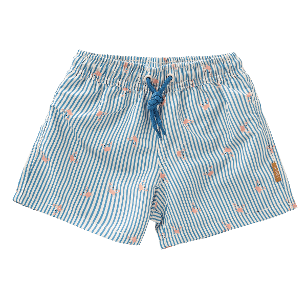 Striped blue & cream - Crab print UV swim shorts for boys from Fresk. Made of eco-friendly recycled nylon, feature UPF 50 sun protection, and an adjustable drawstring for a secure, comfy fit—perfect for safe, stylish beach fun.
 