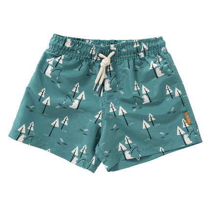 Teal-Bear print Fresk UV Swim shorts for boys made from eco-friendly recycled nylon, with UPF 50 protection and an adjustable drawstring—perfect for safe, comfy, and stylish beach fun.
