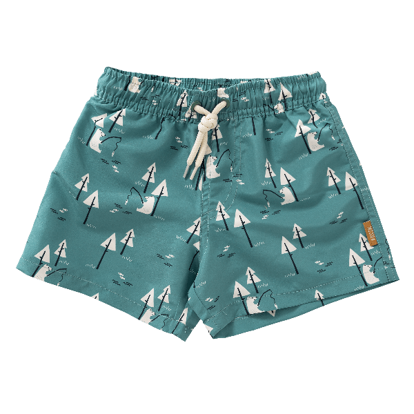 Teal-Bear print Fresk UV Swim shorts for boys made from eco-friendly recycled nylon, with UPF 50 protection and an adjustable drawstring—perfect for safe, comfy, and stylish beach fun.