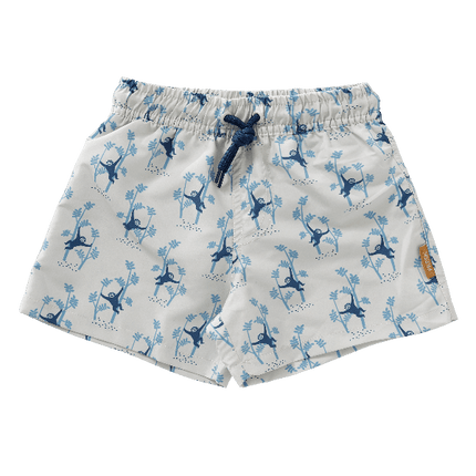 Cream with blue monkey print swim shorts for boys made from eco-friendly recycled nylon, with UPF 50 protection and an adjustable drawstring—perfect for safe, comfy, and stylish beach fun.