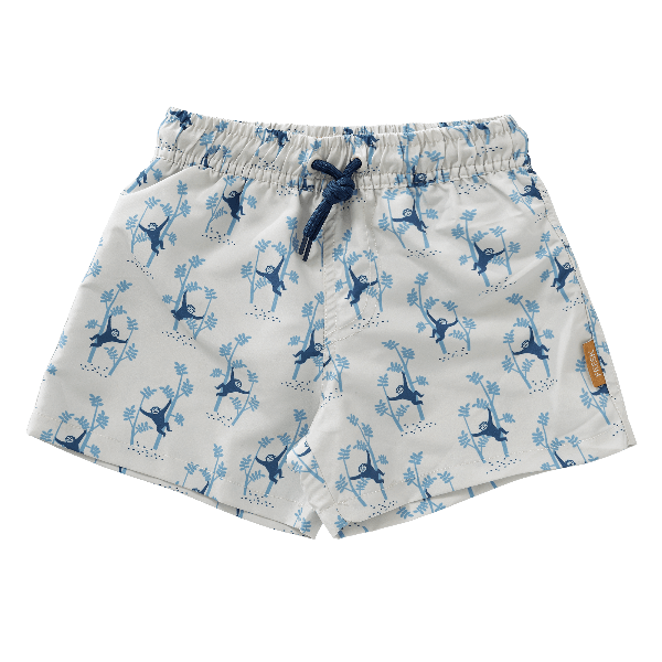 Cream with blue monkey print swim shorts for boys made from eco-friendly recycled nylon, with UPF 50 protection and an adjustable drawstring—perfect for safe, comfy, and stylish beach fun.