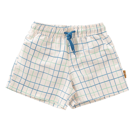 Cream with blue & green stripes swim shorts for boys made from eco-friendly recycled nylon, with UPF 50 protection and an adjustable drawstring—perfect for safe, comfy, and stylish beach fun.