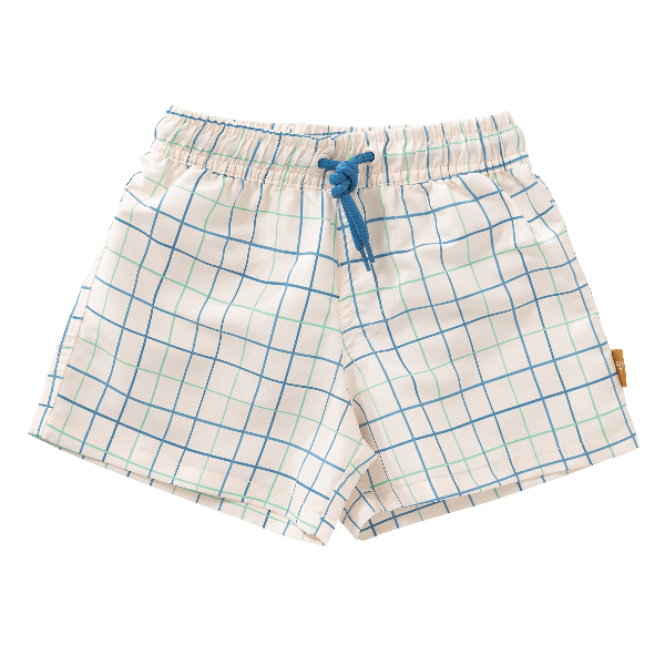 Cream with blue & green stripes swim shorts for boys made from eco-friendly recycled nylon, with UPF 50 protection and an adjustable drawstring—perfect for safe, comfy, and stylish beach fun.