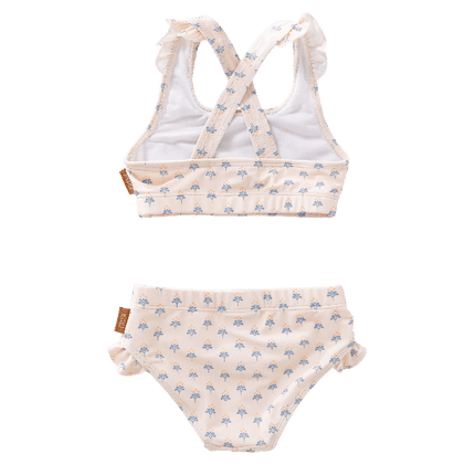 Cream-blue floral print UV Fresk bikini set. Lightweight, quick-dry two-piece made from eco-friendly recycled nylon with UPF 50+ protection—keeping your little trendsetter safe, stylish, and ready to play.