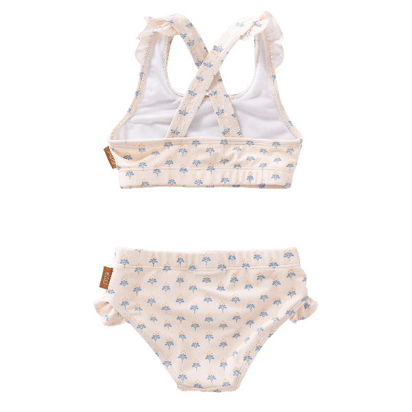 Cream-blue floral print UV Fresk bikini set. Lightweight, quick-dry two-piece made from eco-friendly recycled nylon with UPF 50+ protection—keeping your little trendsetter safe, stylish, and ready to play.
