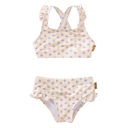 Cream-blue floral print UV Fresk bikini set. Lightweight, quick-dry two-piece made from eco-friendly recycled nylon with UPF 50+ protection—keeping your little trendsetter safe, stylish, and ready to play.