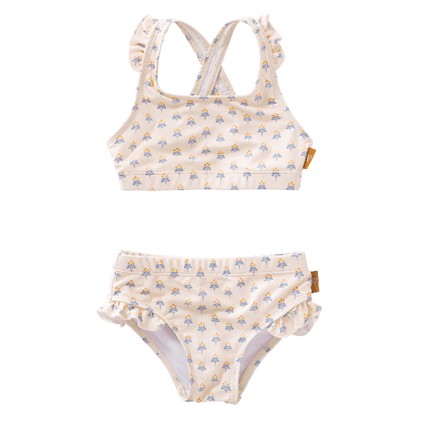 Cream-blue floral print UV Fresk bikini set. Lightweight, quick-dry two-piece made from eco-friendly recycled nylon with UPF 50+ protection—keeping your little trendsetter safe, stylish, and ready to play.