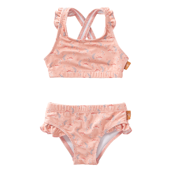 Peach- Mimosa print UV Fresk bikini set. Lightweight, quick-dry two-piece made from eco-friendly recycled nylon with UPF 50+ protection—keeping your little trendsetter safe, stylish, and ready to play.