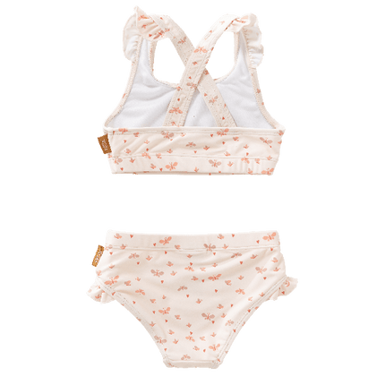 Cream-butterfly print UV Fresk bikini set. Lightweight, quick-dry two-piece made from eco-friendly recycled nylon with UPF 50+ protection—keeping your little trendsetter safe, stylish, and ready to play.