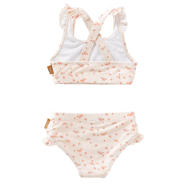 Cream-butterfly print UV Fresk bikini set. Lightweight, quick-dry two-piece made from eco-friendly recycled nylon with UPF 50+ protection—keeping your little trendsetter safe, stylish, and ready to play.