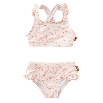 Cream-Butterfly print UV Fresk bikini set. Lightweight, quick-dry two-piece made from eco-friendly recycled nylon with UPF 50+ protection—keeping your little trendsetter safe, stylish, and ready to play.