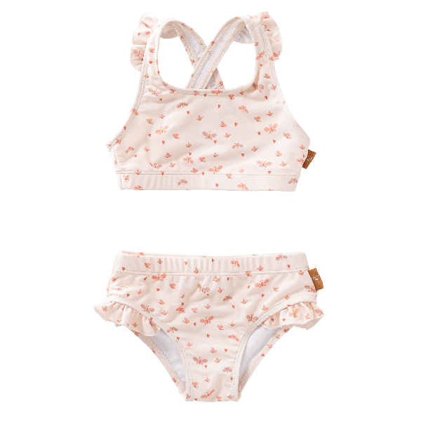 Cream-Butterfly print UV Fresk bikini set. Lightweight, quick-dry two-piece made from eco-friendly recycled nylon with UPF 50+ protection—keeping your little trendsetter safe, stylish, and ready to play.