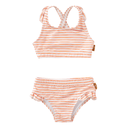 Striped cream and peach UV Fresk bikini set for girls. Lightweight, quick-dry two-piece made from eco-friendly recycled nylon with UPF 50+ protection—keeping your little trendsetter safe, stylish, and ready to play.