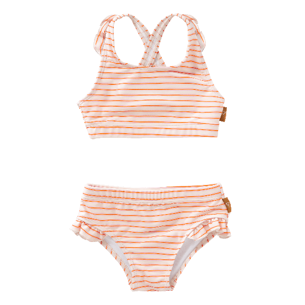 Striped cream and peach UV Fresk bikini set for girls. Lightweight, quick-dry two-piece made from eco-friendly recycled nylon with UPF 50+ protection—keeping your little trendsetter safe, stylish, and ready to play.