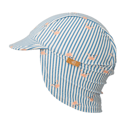 Blue-Crab print Fresk UV swim hat for boys with built-in UV protection, a flap, and a neck extension—keeping your little one’s head and neck safe and comfy on sunny beach days.