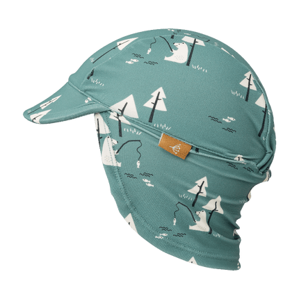 Teal-Bear print UV protective Fresk swim hat for boys with a flap and a neck extension—keeping your little one’s head and neck safe and comfy on sunny beach days.