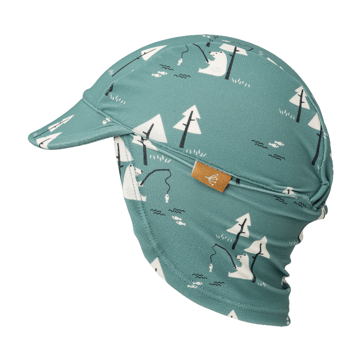 Teal-Bear print UV protective Fresk swim hat for boys with a flap and a neck extension—keeping your little one’s head and neck safe and comfy on sunny beach days.