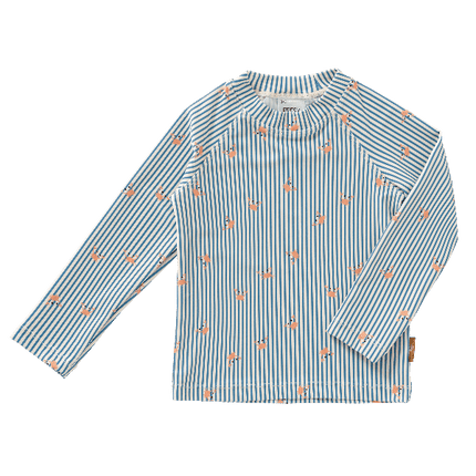 Striped blue & cream - Crab print long-sleeved Fresk swim top for boys, made from eco-friendly recycled nylon, features UPF 50+ protection, and long sleeves keeping your little one safe, comfy, and stylish at the beach or pool.
