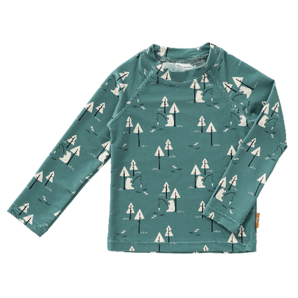 Teal-Bear print Fresk UV long sleeve swim top for boys with UV protection 50, made from eco-friendly recycled nylon.