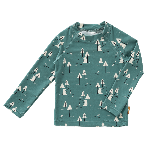 Teal-Bear print Fresk UV long sleeve swim top for boys with UV protection 50, made from eco-friendly recycled nylon.