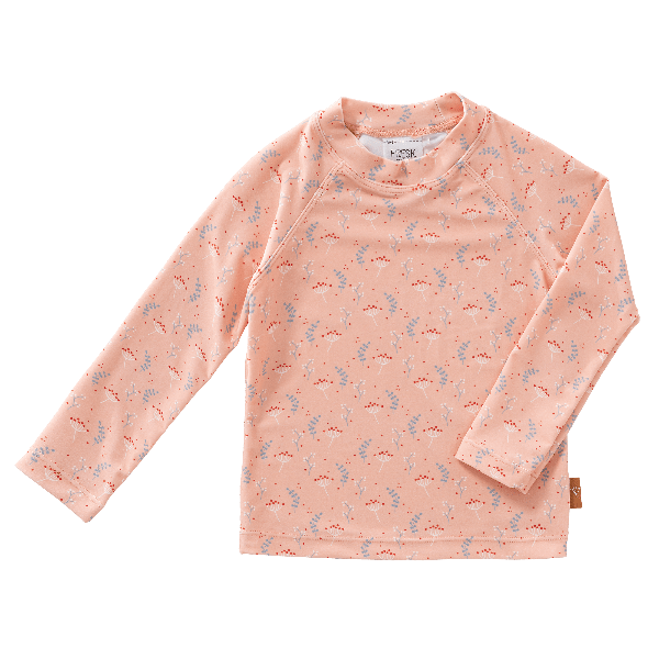 Peach long sleeve swim top for girls with UV protection 50, made from eco-friendly recycled nylon keeping your little one safe, comfy, and stylish at the beach or pool.
