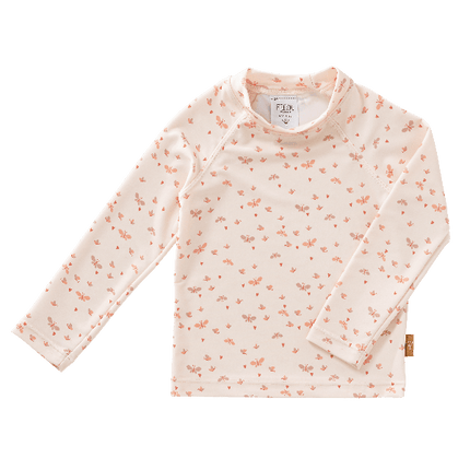 Cream-Butterfly long sleeve swim top for girls with UV protection 50, made from eco-friendly recycled nylon keeping your little one safe, comfy, and stylish at the beach or pool