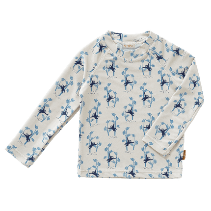 Cream with blue monkey prints long sleeve swim top for boys