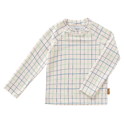 Cream with blue and green stripes Fresk swim top for boys made from eco-friendly recycled nylon, features UPF 50+ protection, and long sleeves—keeping your little one safe, comfy, and stylish at the beach or pool.