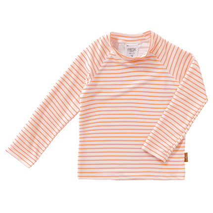 Striped cream and peach long sleeve swim top for girls with UV protection 50, made from eco-friendly recycled nylon.