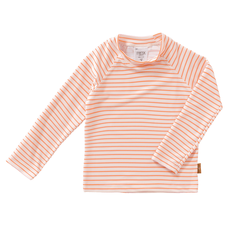 Striped cream and peach long sleeve swim top for girls with UV protection 50, made from eco-friendly recycled nylon.